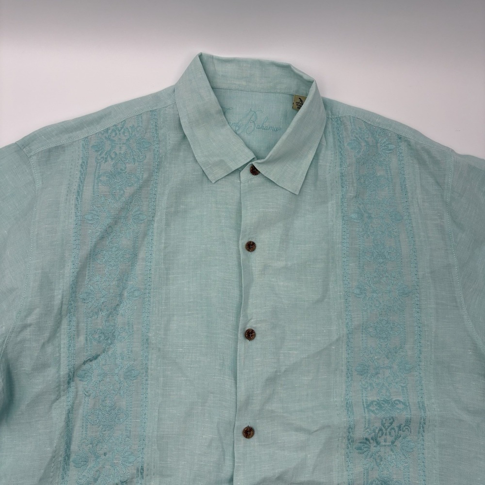 Tommy Bahama Men's XL Light Blue 100% Linen Embroidered Short Sleeve Camp Shirt